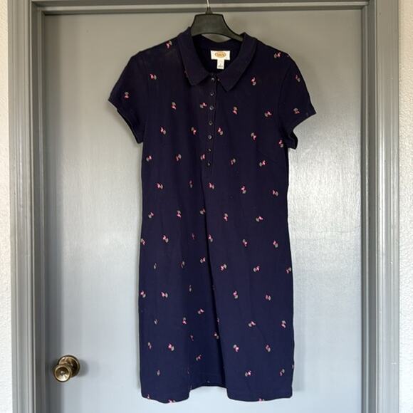 Talbots Navy Pink Flamingo Polo Dress  Ribbed Collar Stretchy Knit Sz L - Picture 1 of 5
